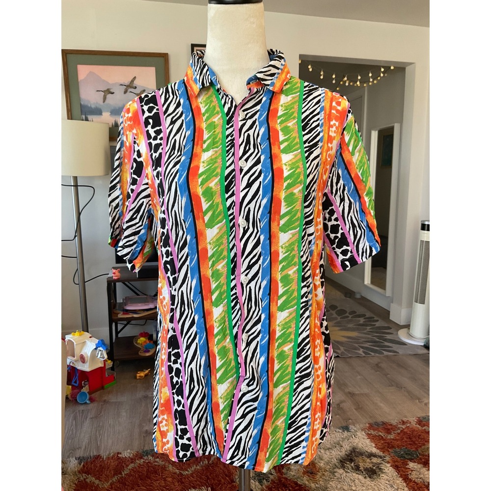 ASOS Rainbow Animal Print Stripe Short Sleeve Button Down Shirt Medium